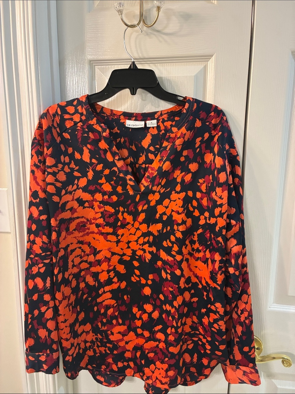 Liz Claiborne Dark Navy With Bright Orange Fuschia Print Blouse SZ M